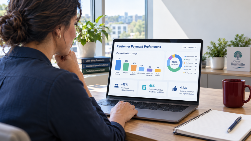 Utility employee reviewing customer payment preferences and payment method usage on a laptop.